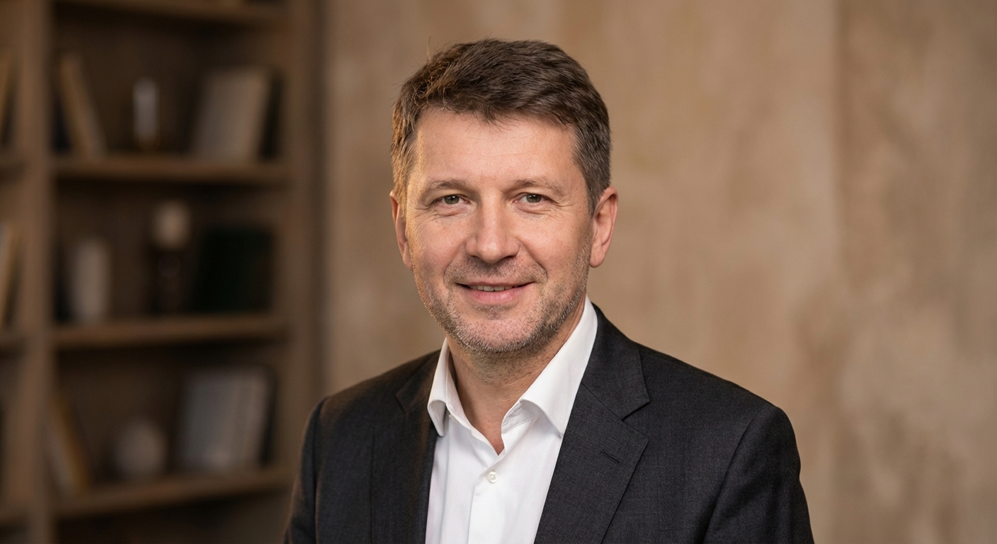 Реалистичный профессиональный портрет (лицо). Человек: Алексей Кузнецов. Деловой стиль, студийный свет, уютная обстановка.