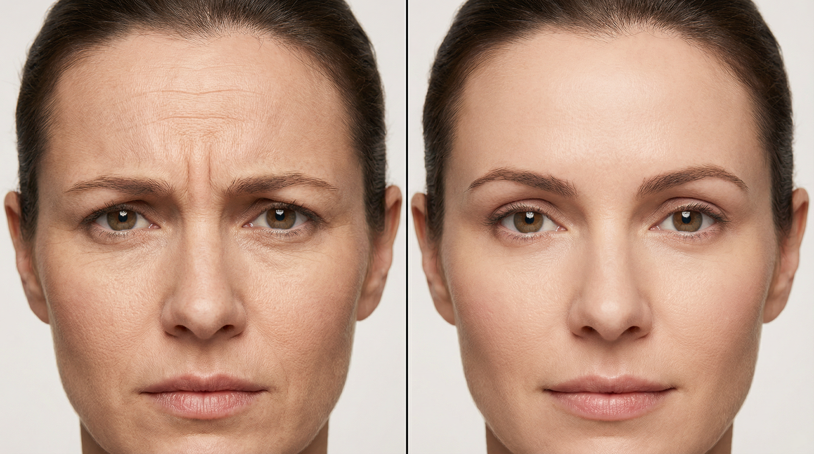 результат ботулинотерапии — коррекция мимических морщин лба и межбровья до и после