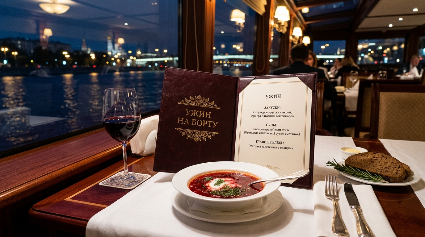 Элегантное меню ужина на теплоходе с блюдами русской и европейской кухни