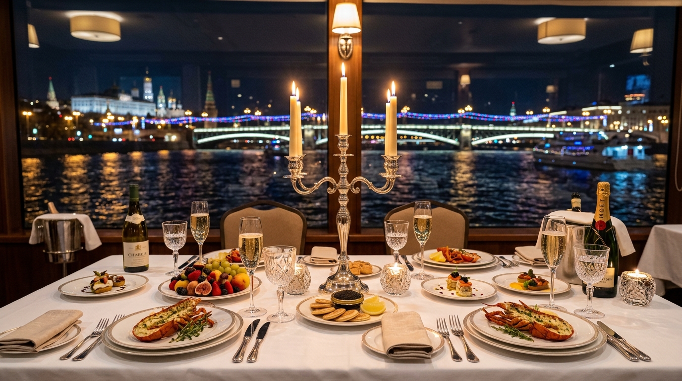 Накрытый праздничный стол в ресторане на теплоходе с свечами и видом на ночную реку