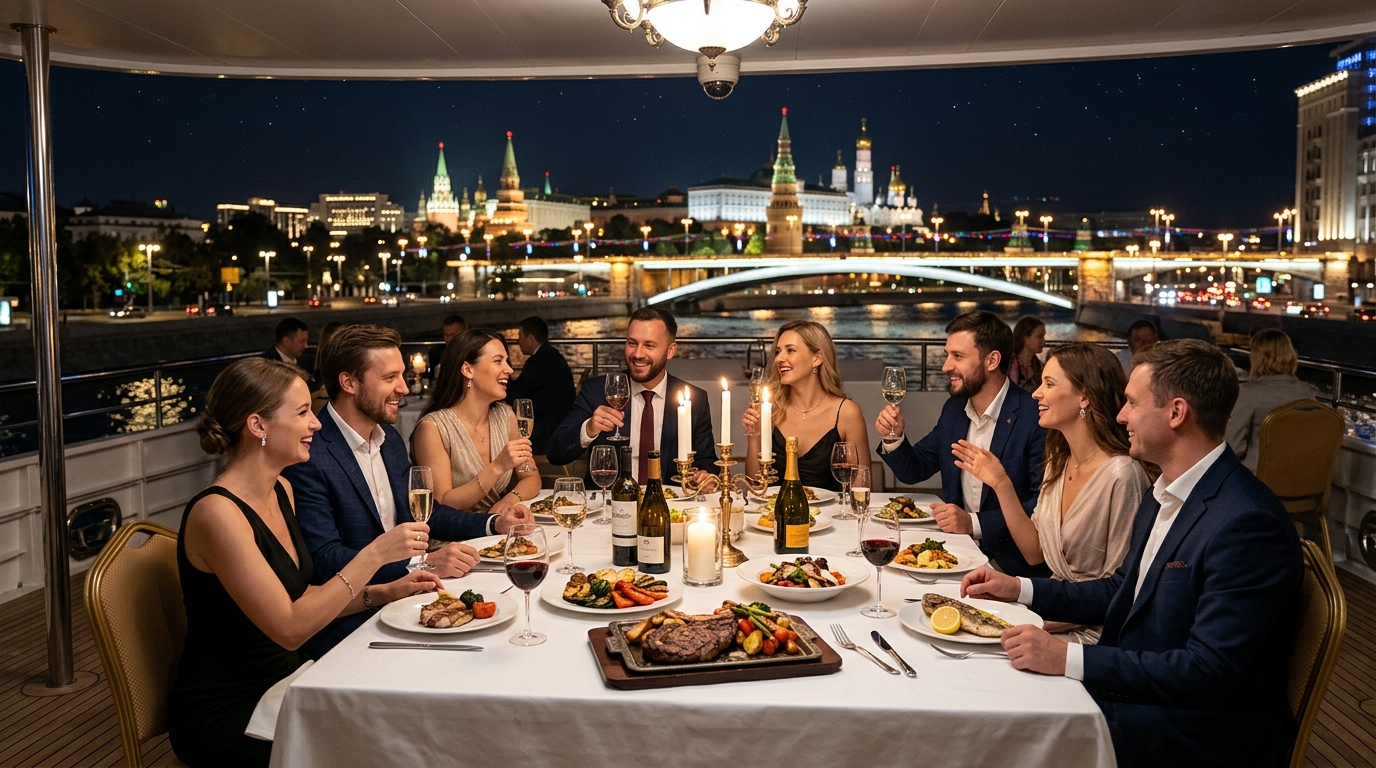 Гости за накрытым столом с горячими блюдами и видом на ночную Москву с палубы теплохода