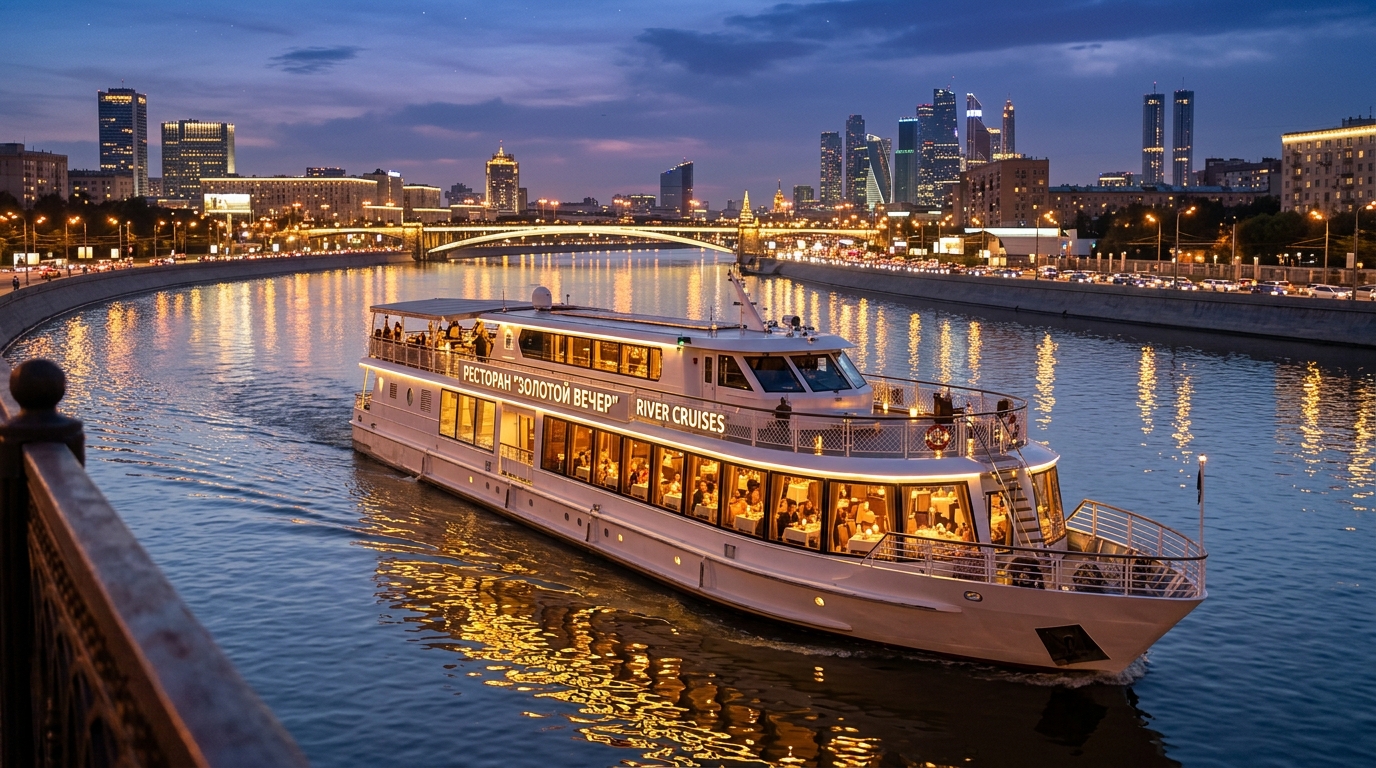 Теплоход с рестораном плывет по реке вечером с подсвеченными огнями города на фоне