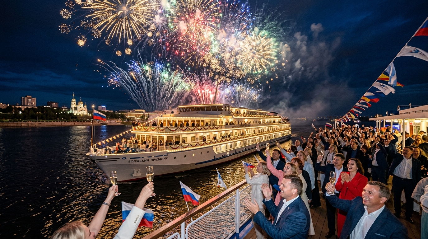 Праздничный финал фестиваля на речном круизе с фейерверком над Волгой