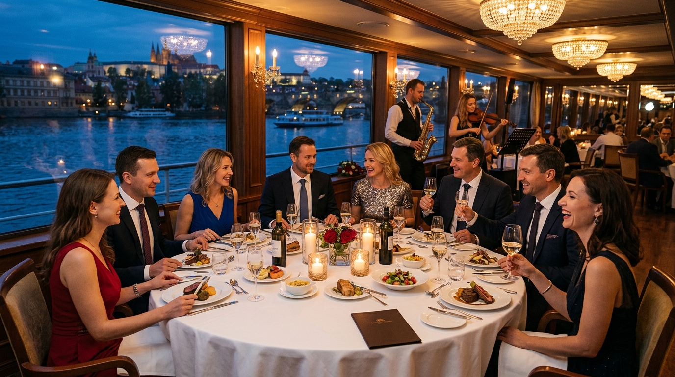 Гости ужинают в ресторане на теплоходе под живую музыку с речными видами