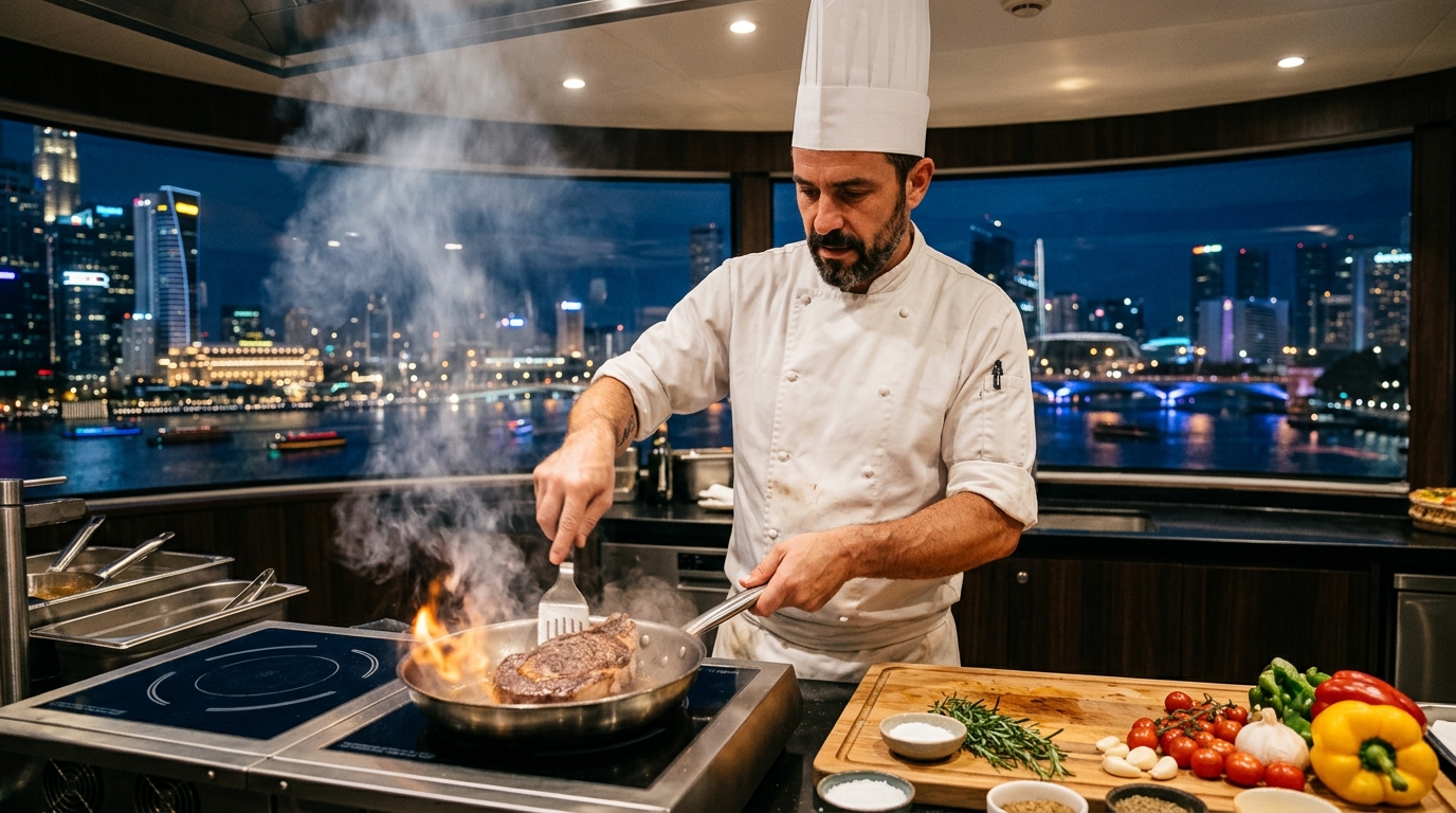 Шеф-повар на теплоходе готовит блюда с видом на городские огни