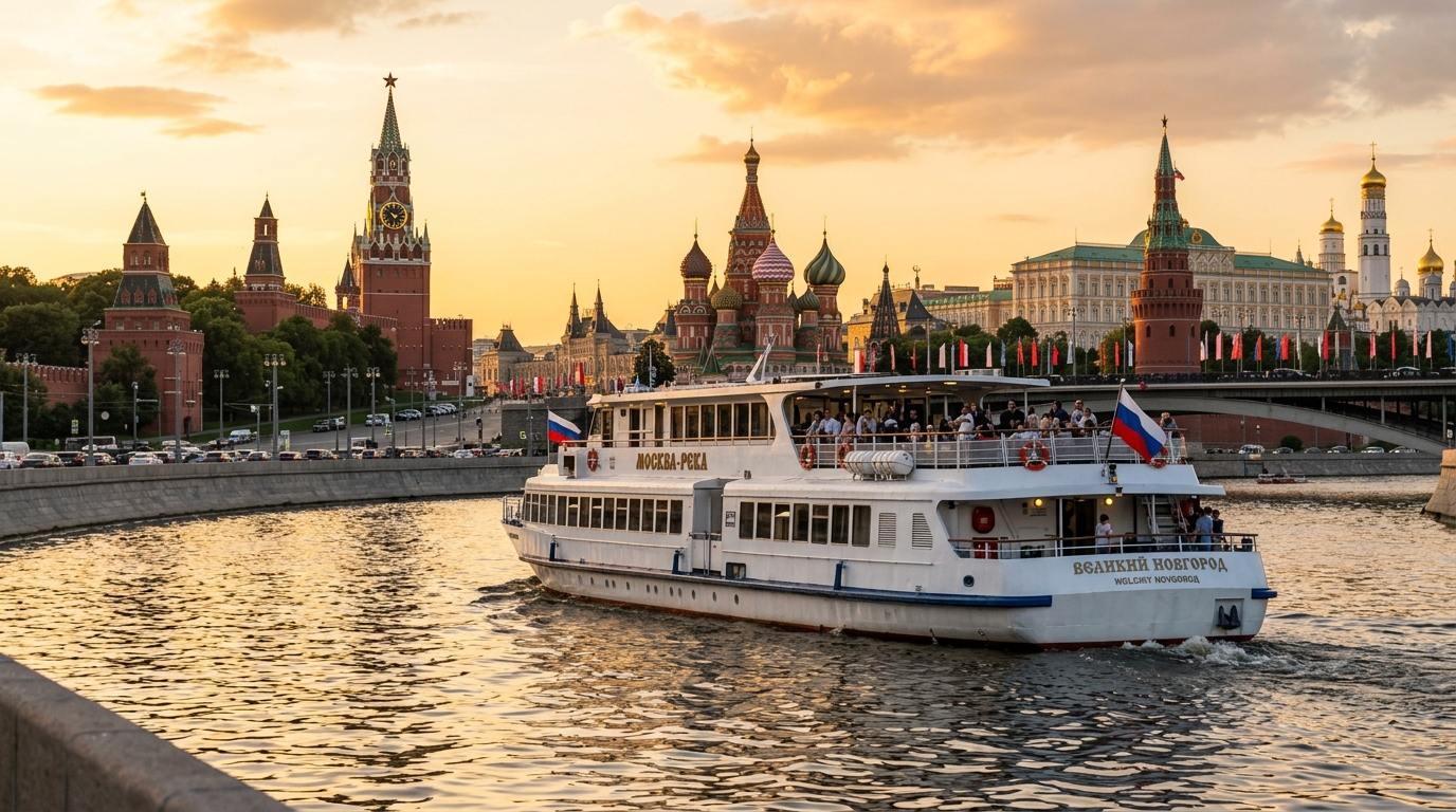 Теплоход на маршруте мимо Кремля с панорамой Красной площади