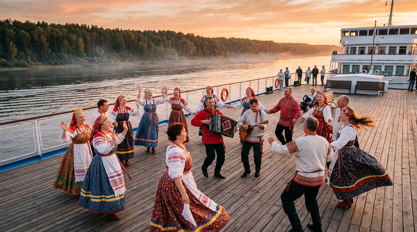 Пассажиры на палубе теплохода участвуют в фольклорном фестивале с песнями и танцами