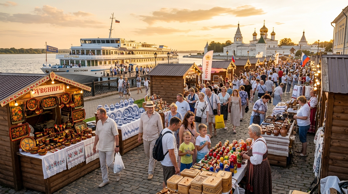 Ярмарка сувениров в Костроме во время остановки речного круиза по Золотому кольцу