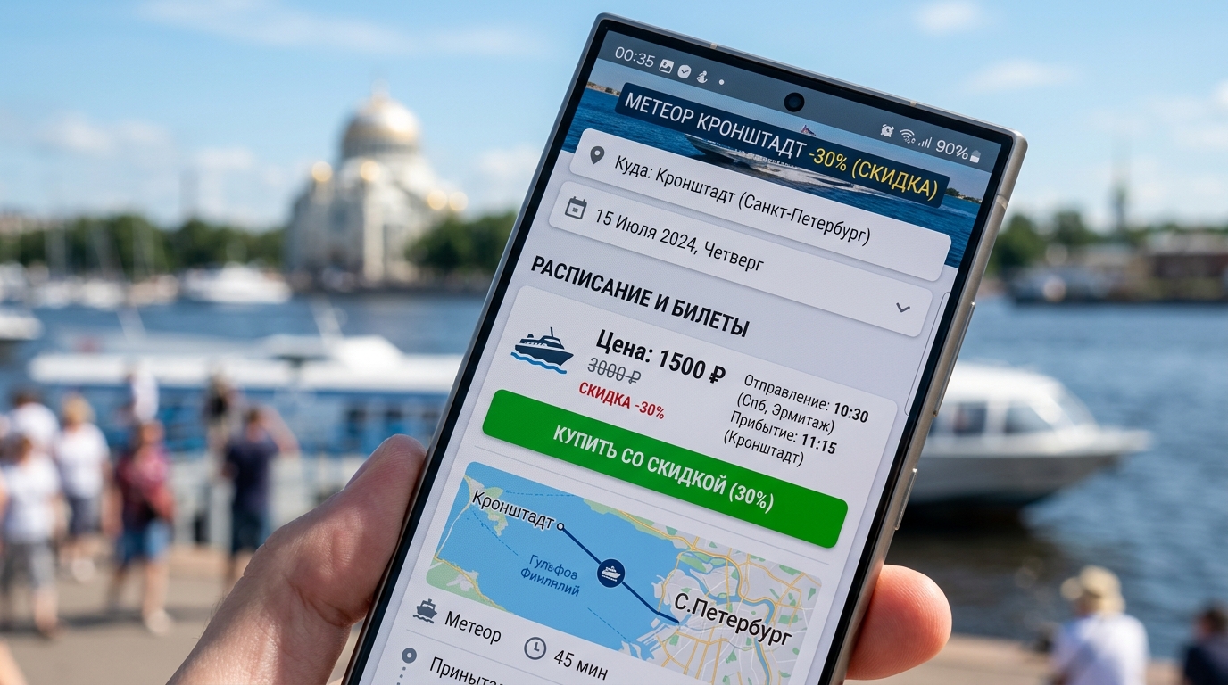 Экран смартфона с приложением для покупки билетов на метеор в Кронштадт со скидкой
