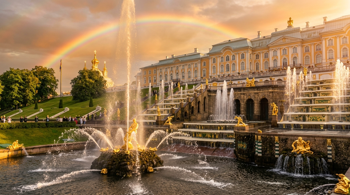 Фонтаны Петергофа в разгаре работы с радугой над каскадами