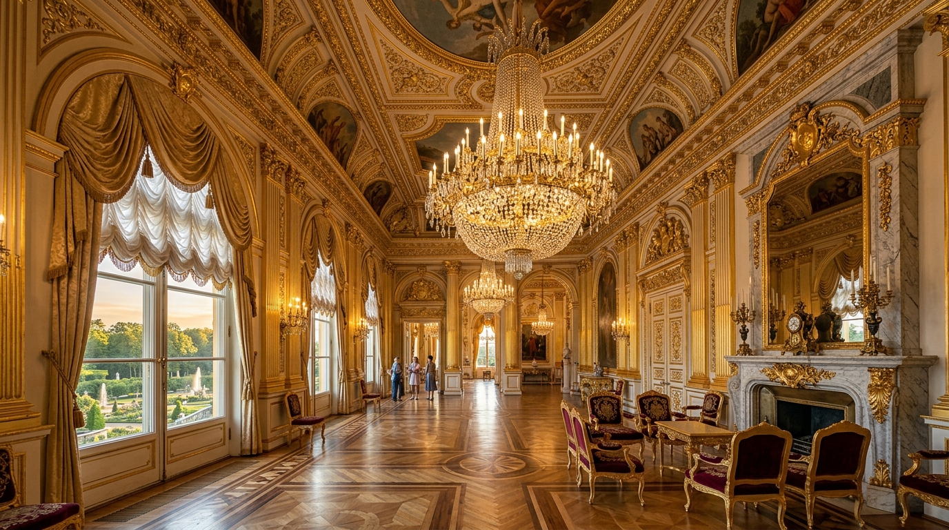Интерьеры Великого Петергофского дворца с золотыми люстрами и антикварной мебелью