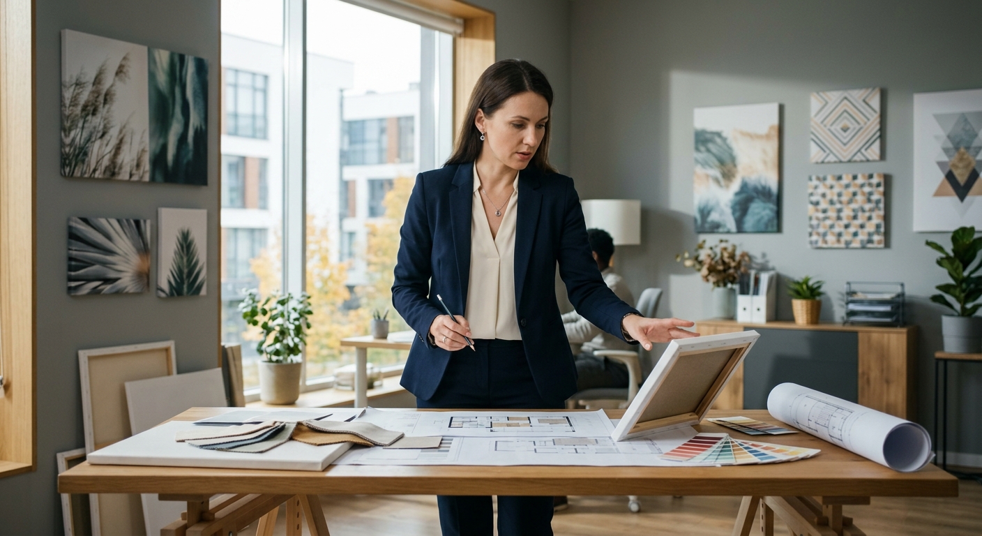 Интерьерные решения: печать на холсте как способ обновить дизайн без ремонта, специалист за работой, рабочая обстановка, деловая атмосфера