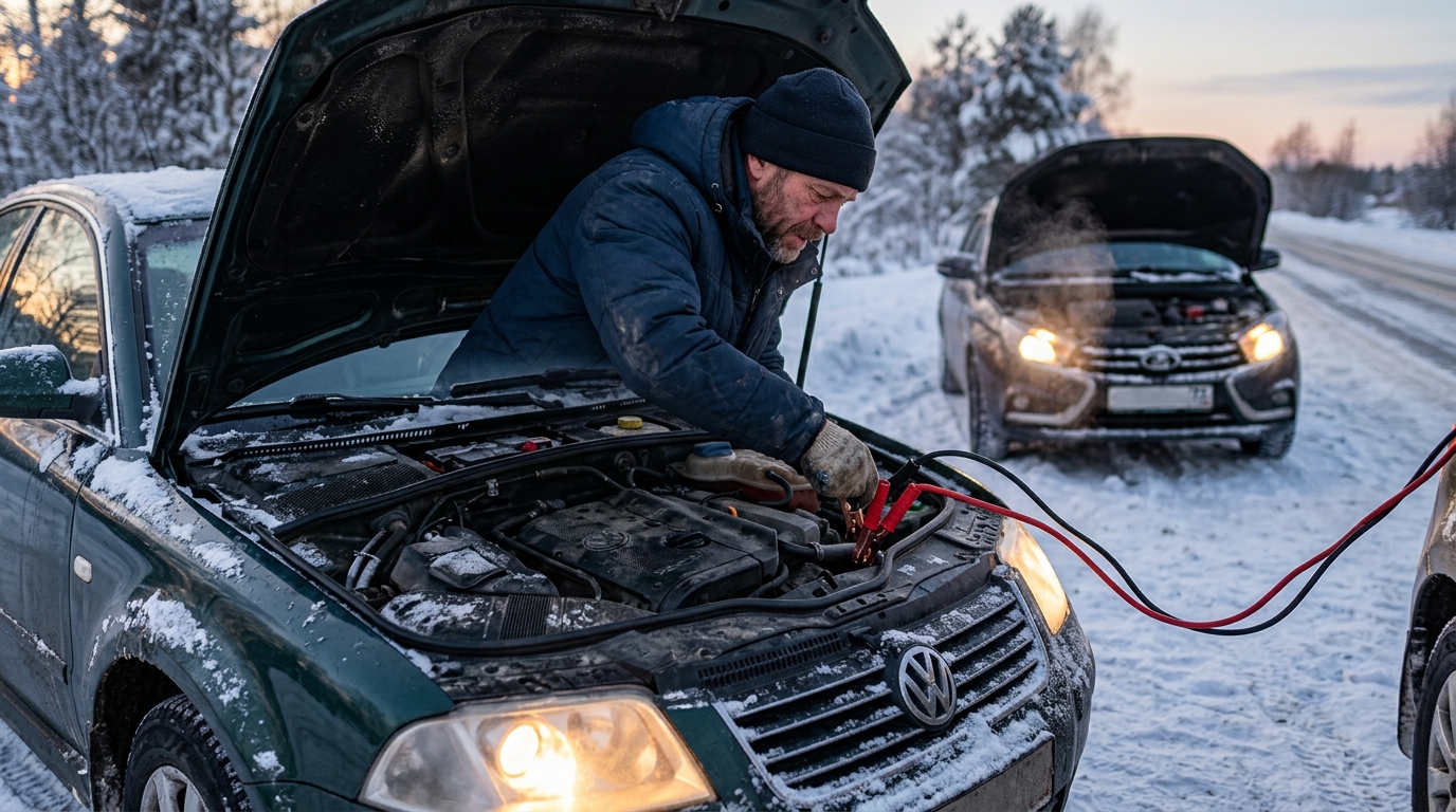 Автомобиль с открытым капотом, водитель пытается завести двигатель с слабым аккумулятором зимой