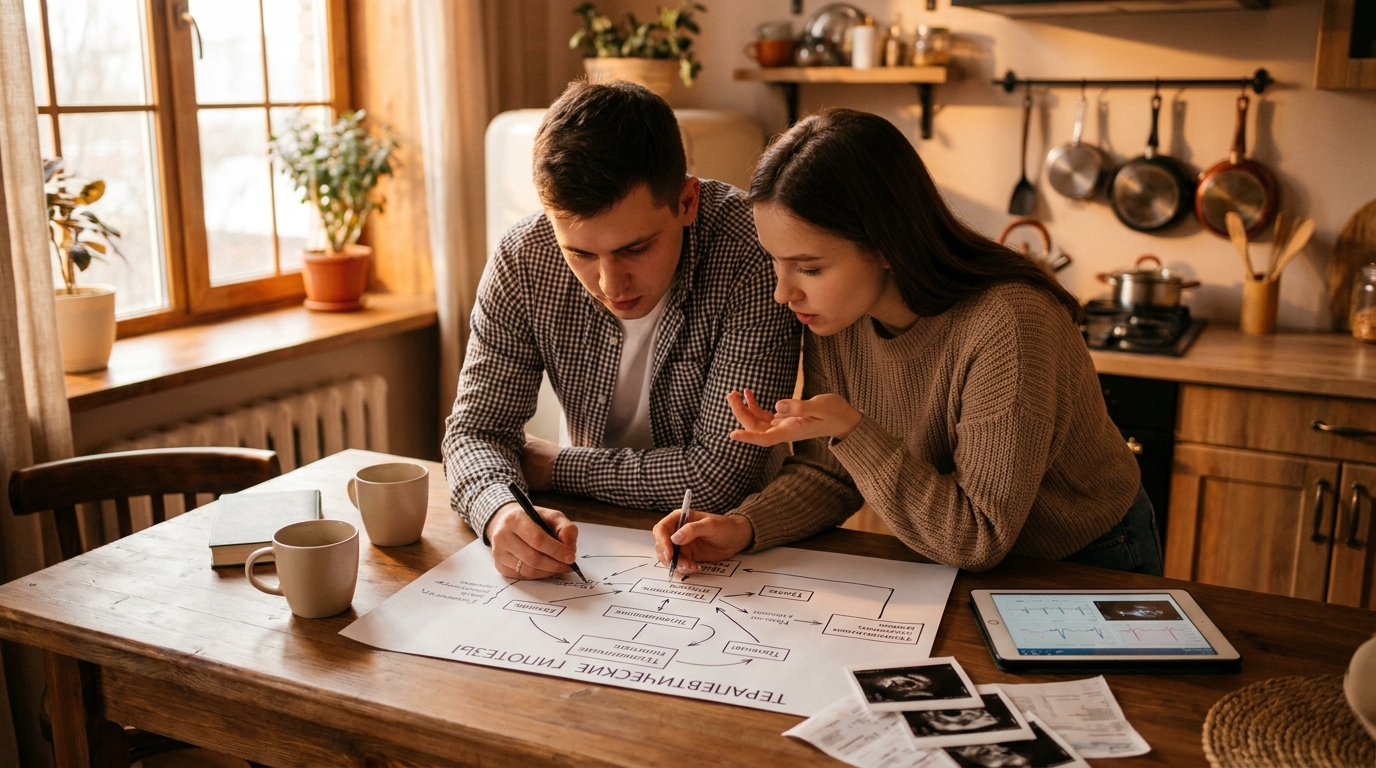 Пара за столом обсуждает гипотезы и варианты терапии, рисуя схему на бумаге