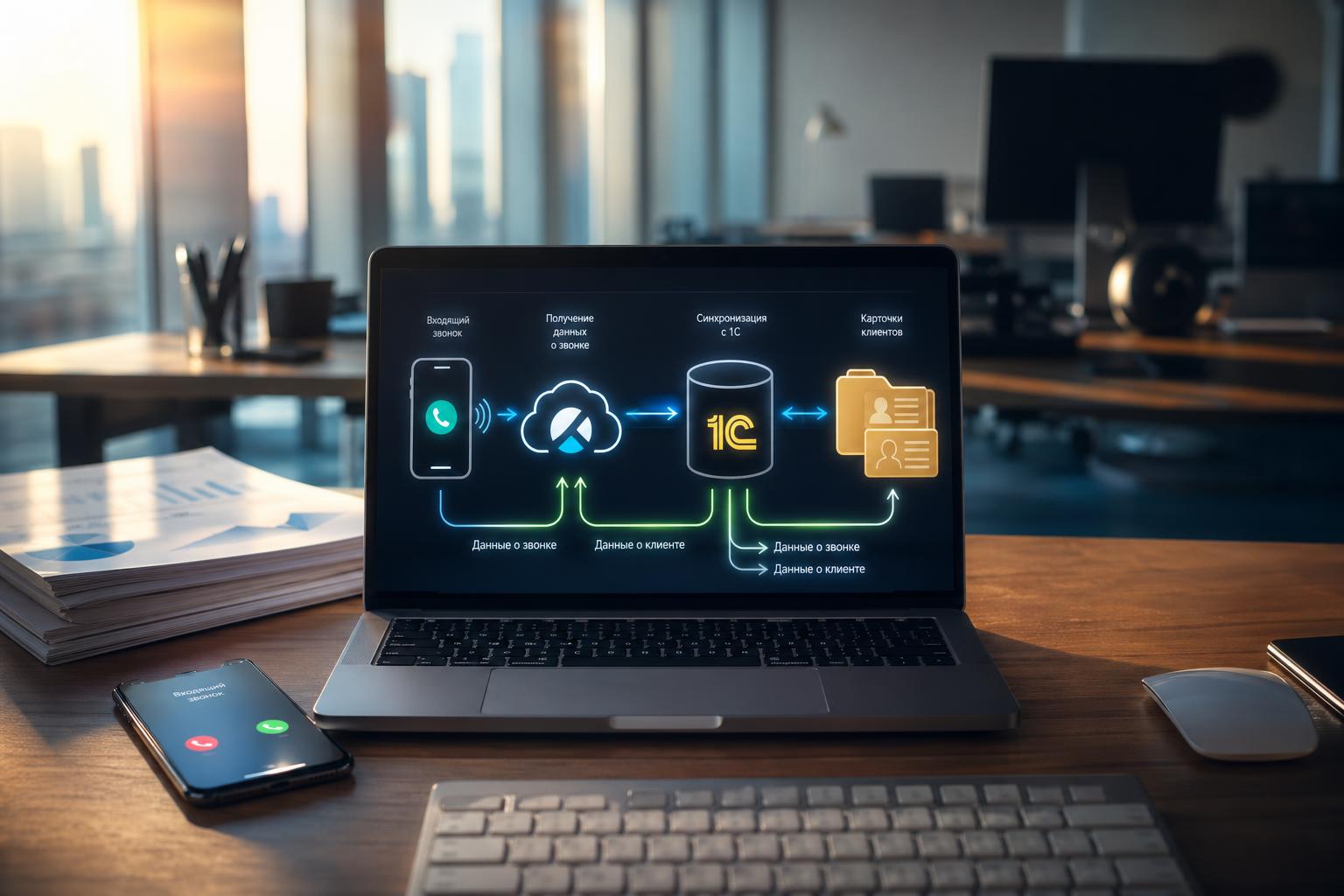 Схема интеграции 1С с Calltouch, показывающая поток данных от звонков к учетным записям