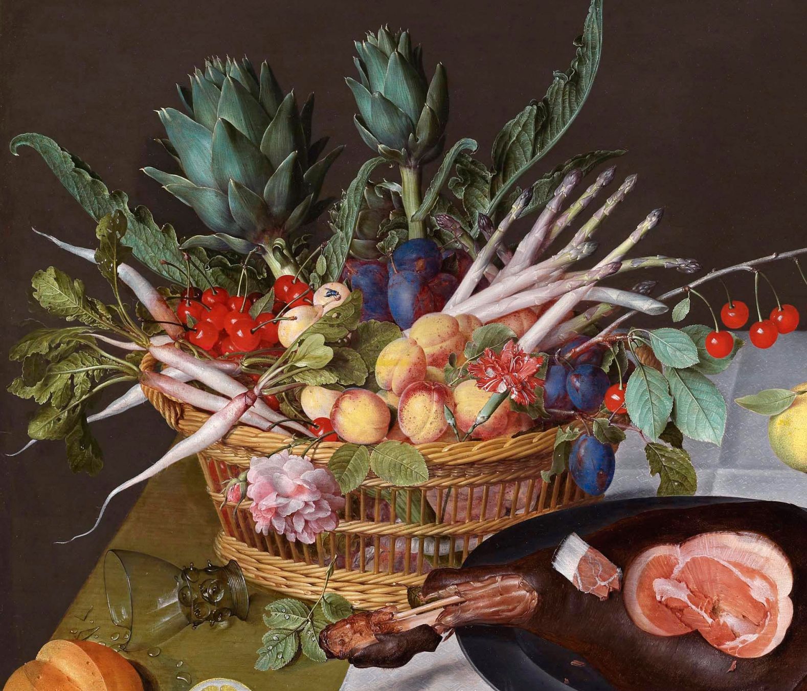 Jacob_van_Hulsdonck_-_A_Still_Life_with_Artichokes,_Radishes,_Asparagus,_Plums,_Cherries_and_Peaches_in_a_Basket,_together_with_a_Ham_and_Trotters.jpg