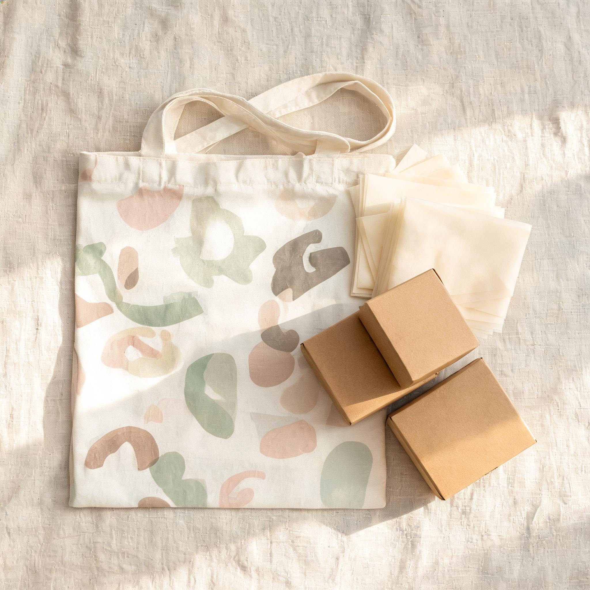 Flat lay: хлопковые шопперы с брендированным логотипом, крафт-пакеты и коробки — система фирменной упаковки на нейтральном фоне