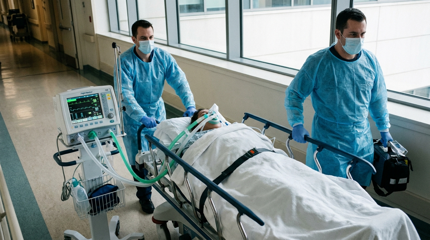 Транспортировка пациента с аппаратом ИВЛ F60 Flight Medical в больнице на тележке