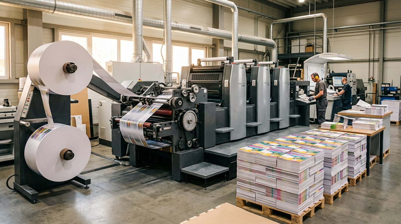 офсетная печатная машина типографии, стопки свежей полиграфии, профессиональный цех печати листовок и каталогов
