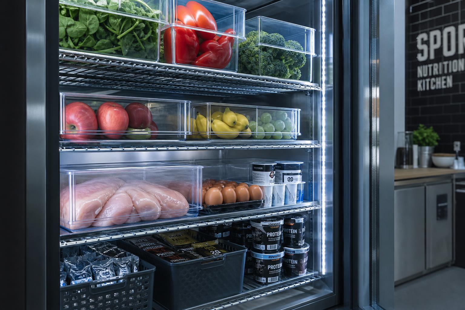 Холодильная камера с продуктами в кухне спортивного клуба