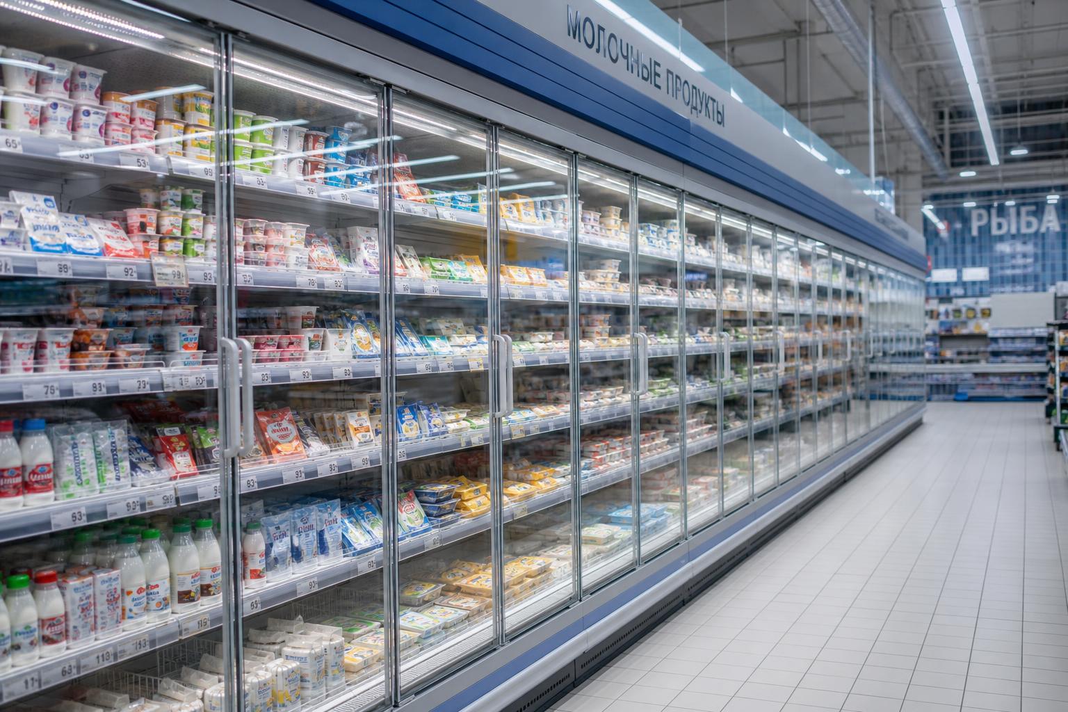 Холодильные витрины с продуктами в торговом зале российского магазина