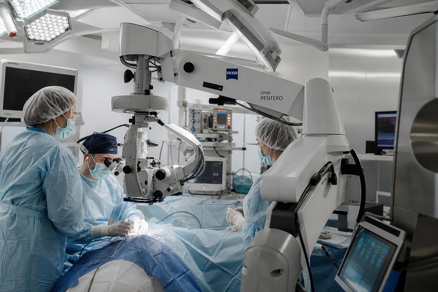 Операционный микроскоп Zeiss OPMI Pentero установлен в стерильной операционной комнате с хирургической командой