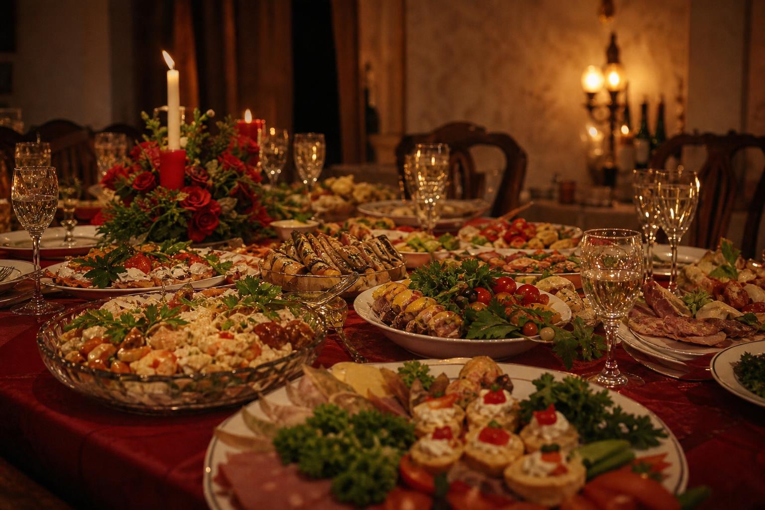 Праздничный стол с разнообразными закусками и салатами на банкетном мероприятии