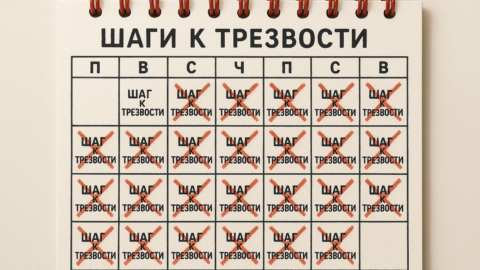 Календарь с отмеченными днями, где каждый день обозначен как шаг к трезвости, символизирующий планирование и контроль.