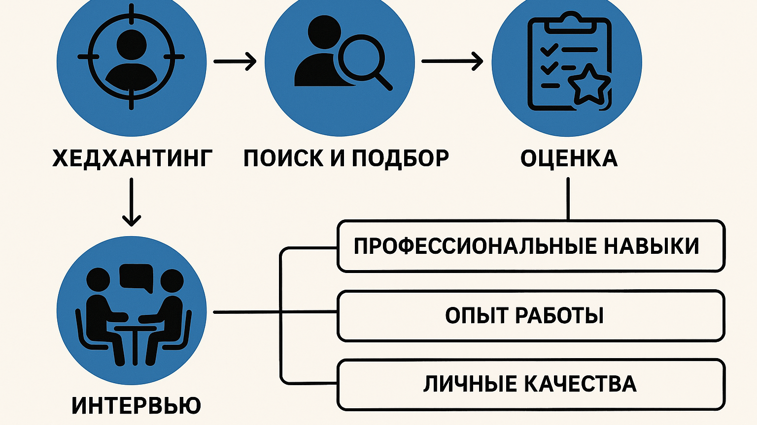 Схема, показывающая процесс хедхантинга и этапы оценки кандидатов.