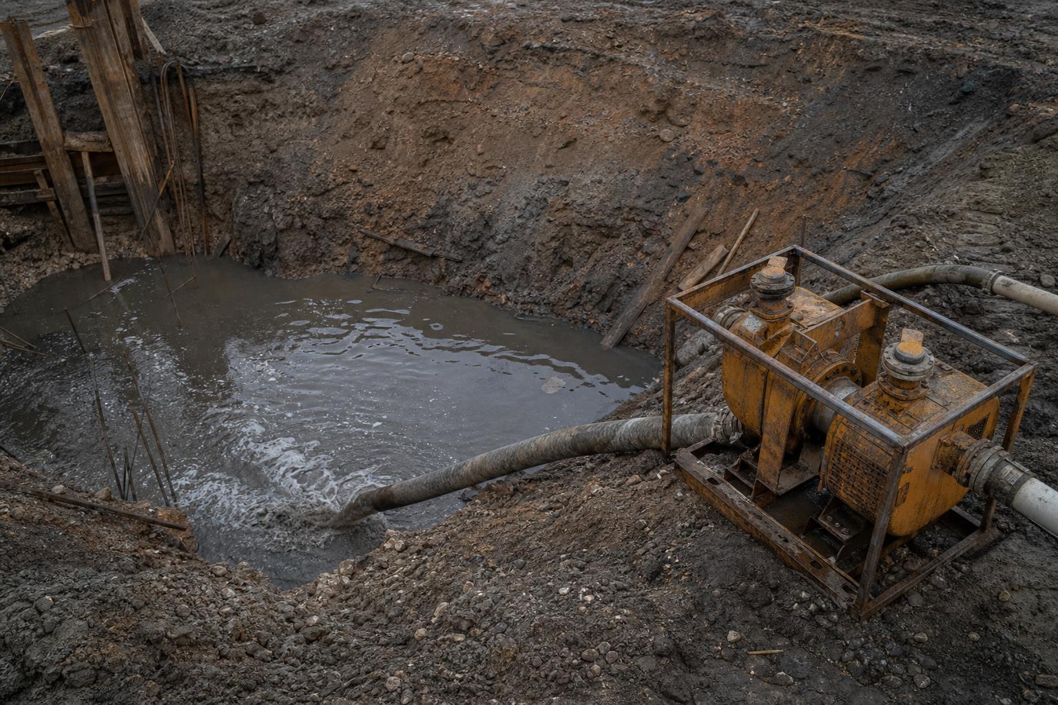 Котлован с откачкой воды насосом на строительной площадке