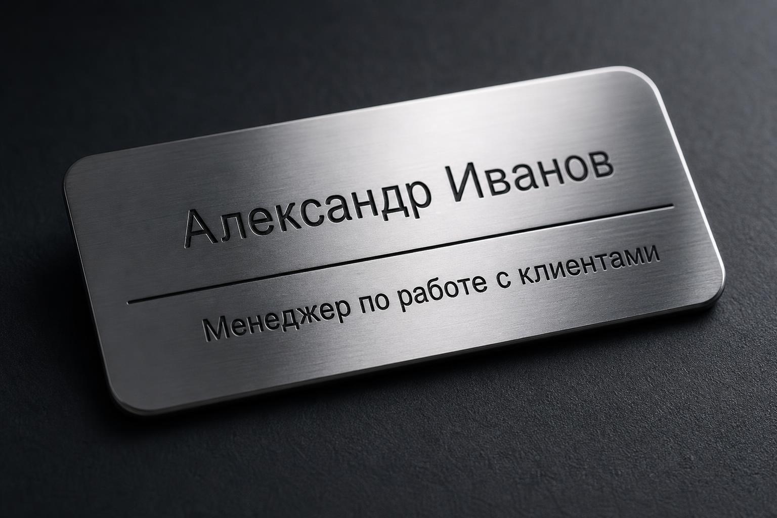 Металлический бейджик с именем, должностью и логотипом организации