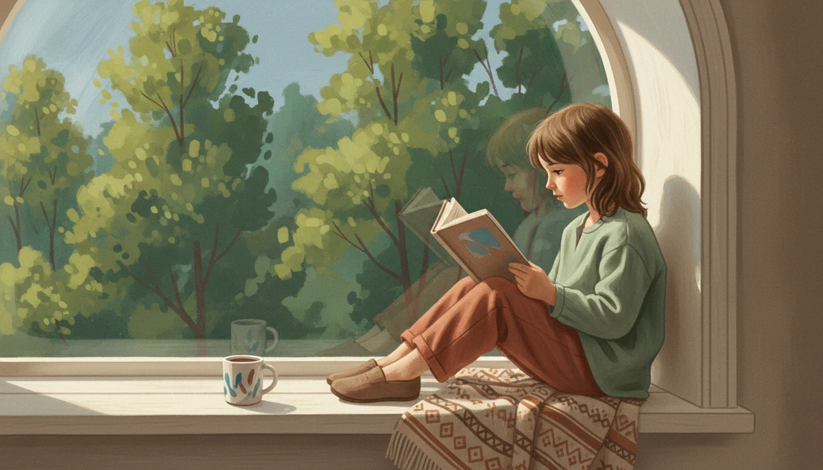 Ребёнок читает книгу на широком подоконнике летом