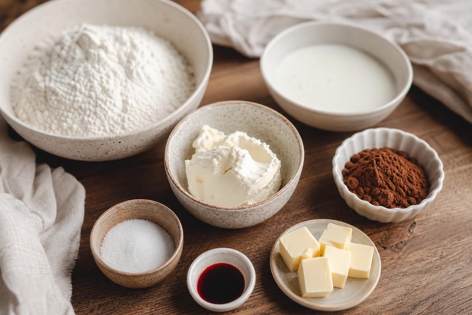 Ингредиенты для торта Красный бархат: миски с мукой, какао, кефиром, сливочным сыром и красным красителем на деревянном столе